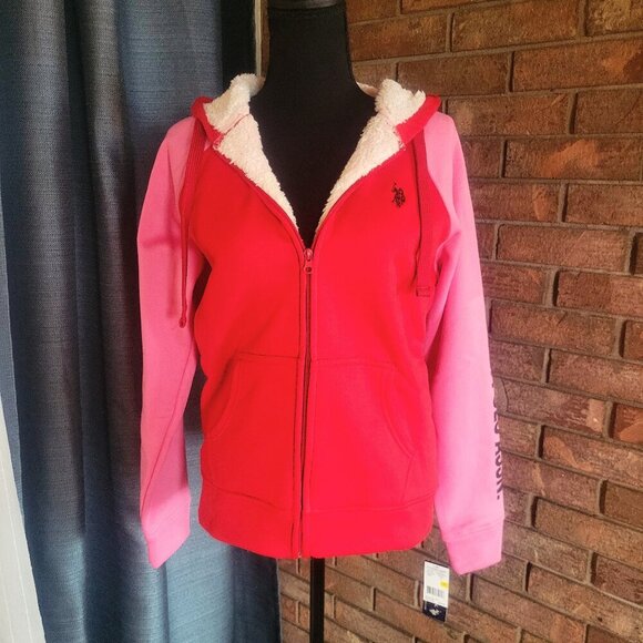 U.S. Polo Assn. Jackets & Blazers - NWT! US Polo Assn Pink /Red Zip-up Hoodie with Sherpa Lining - Size M